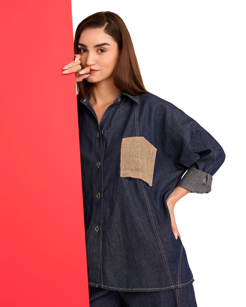 Denim and Jute Free Size Sack Pocket Shirt