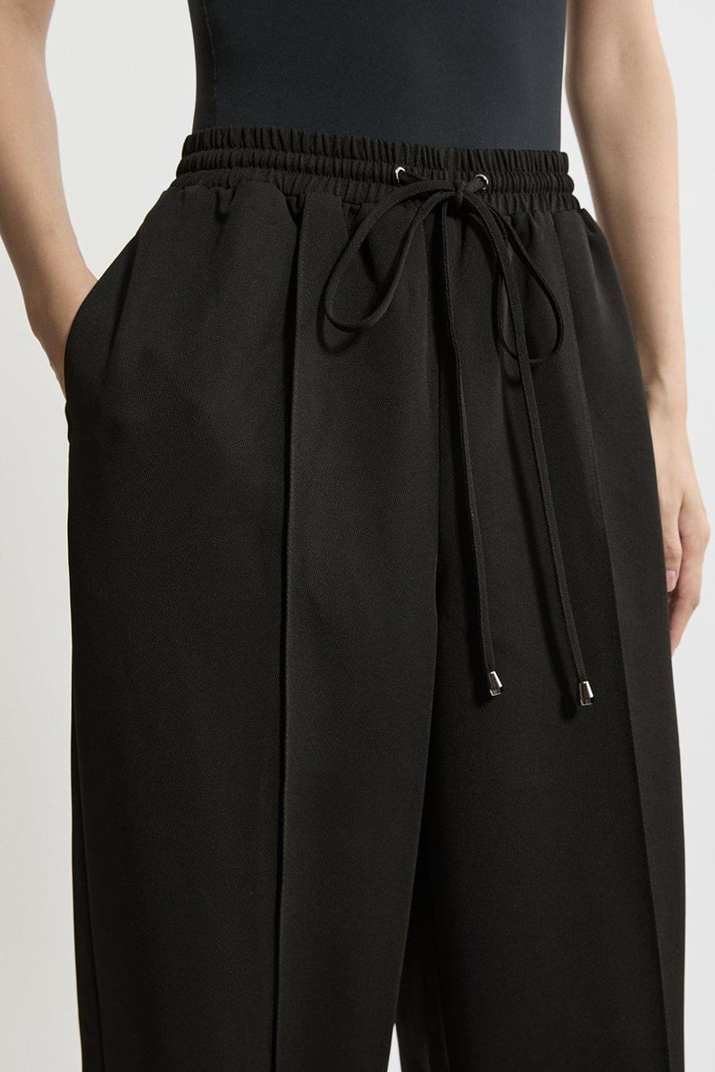 Black Twill Straight-Leg High-Waist Drawstring Trousers