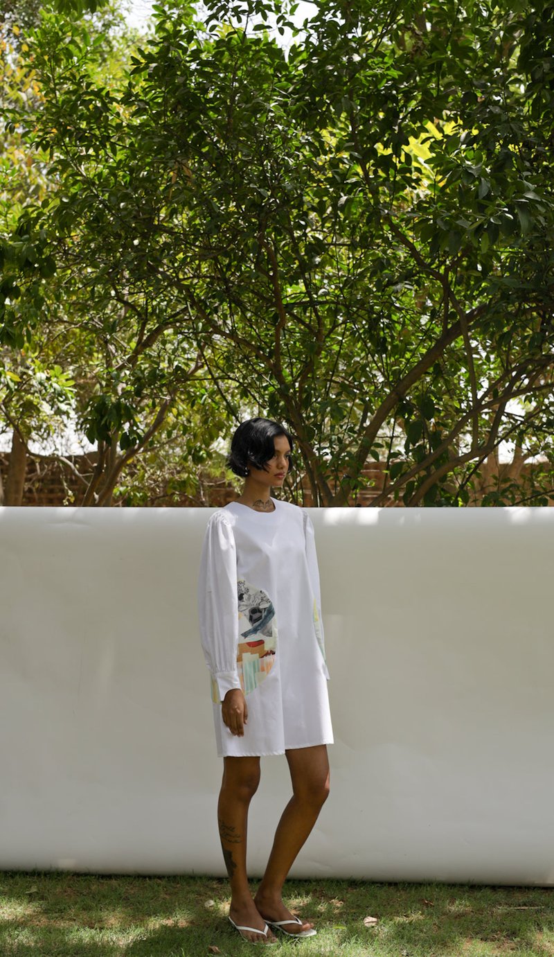 White A-Line Dress with Puff Sleeves and Printed Pockets