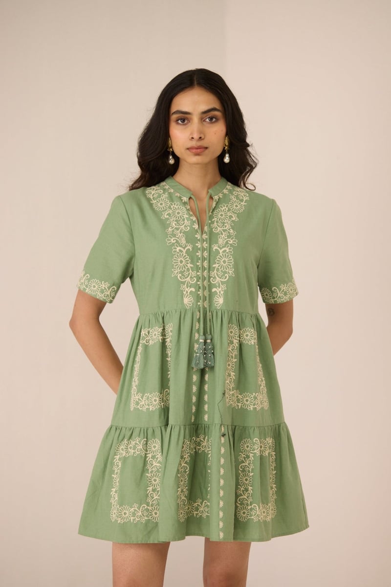 Epsom Green Embroidered Tiered Mini Dress