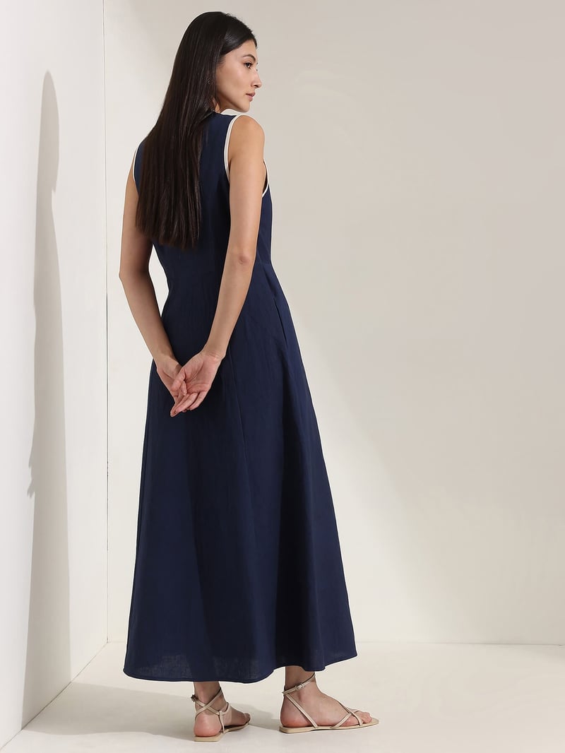 Denim Blue Linen-Blend Colorblock A-Line Maxi Dress