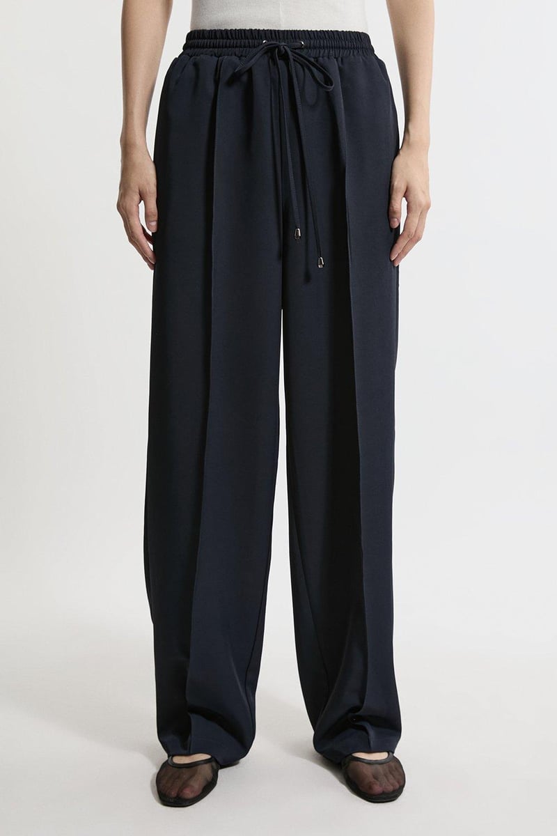 Navy High-Rise Wide-Leg Drawstring Trousers