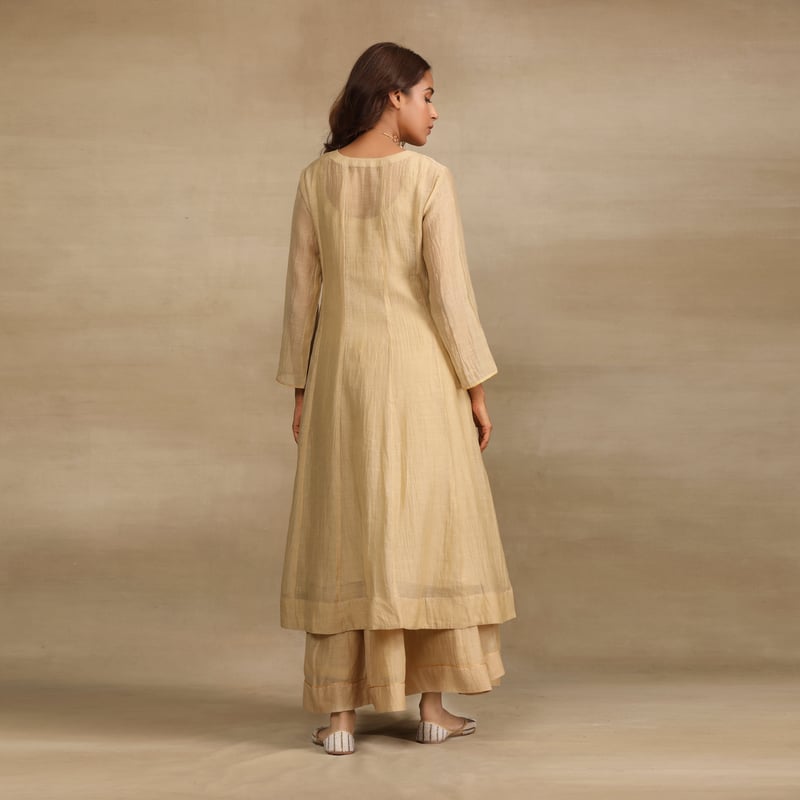 Beige Yellow Silk Chanderi Anarkali Kurta Set