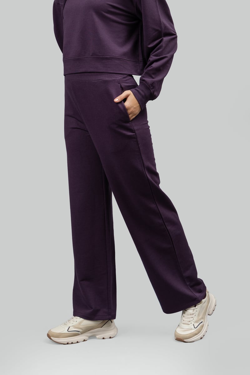 Plum Cotton Terry Wide-Leg Trackpants