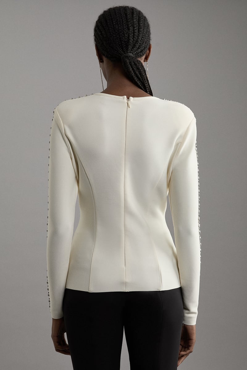 Cream Bandage Knit Crystal-Embellished Sleeve Top