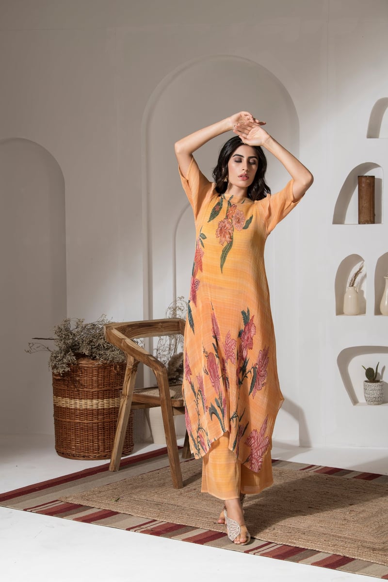 Golden Yellow Floral Lurex Kaftan Kurta Set with Palazzo