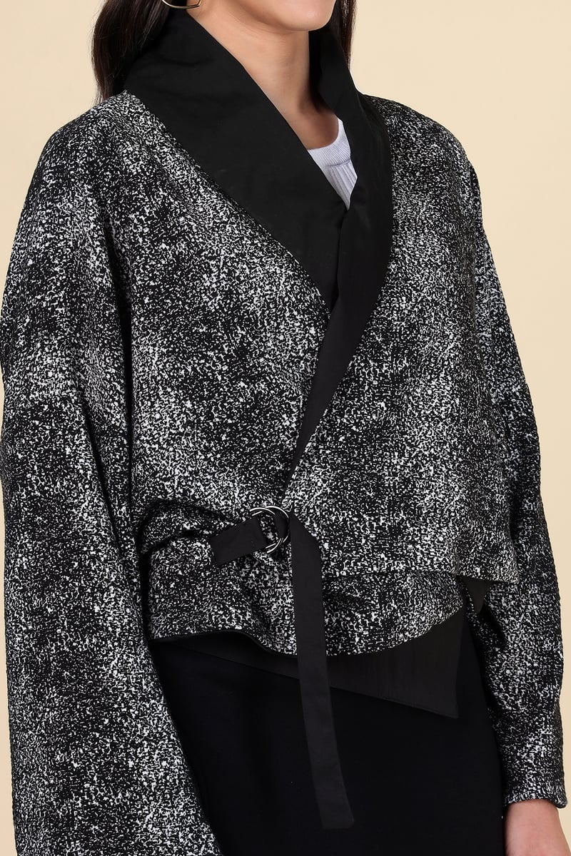 Black/Grey Cropped Wrap Jacket with Lapel Collar