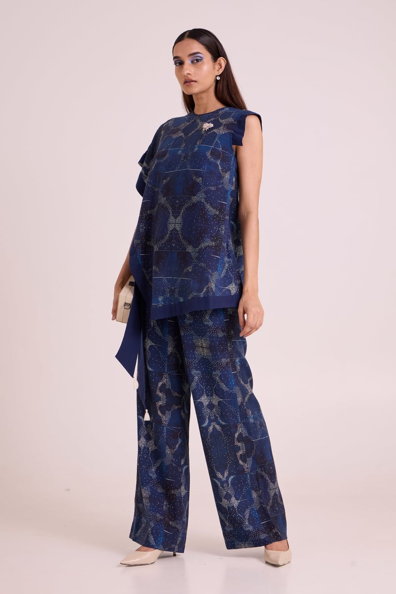 Indigo Printed Linen Top and Pant Co-ord Set