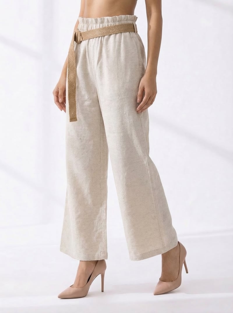 Beige Paperbag Waist Wide-Leg Trousers with Belt