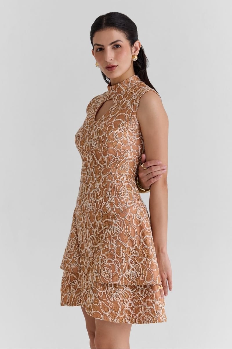 Beige Lace Fit and Flare Mini Dress with Keyhole Neck