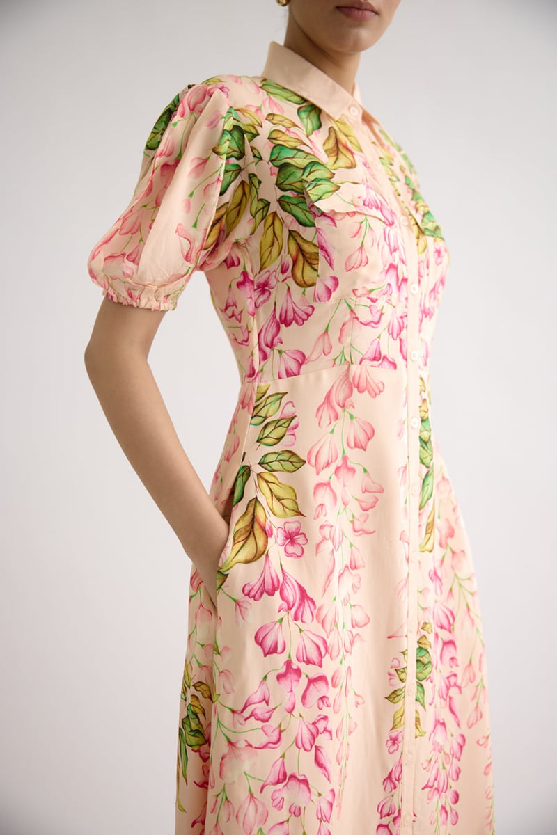 Pink Floral A-Line Midi Shirt Dress with Puff Sleeves