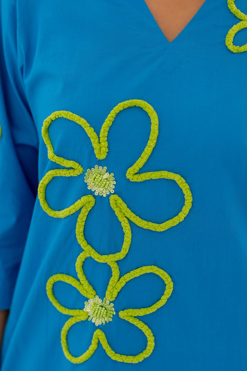 Blue Floral Cord-Embroidered Kurta Set with Pants