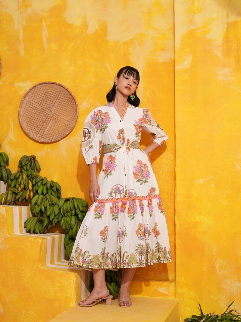 Off White Tropical Printed Button-Down Tiered Midi Dress — TASHA INDIA