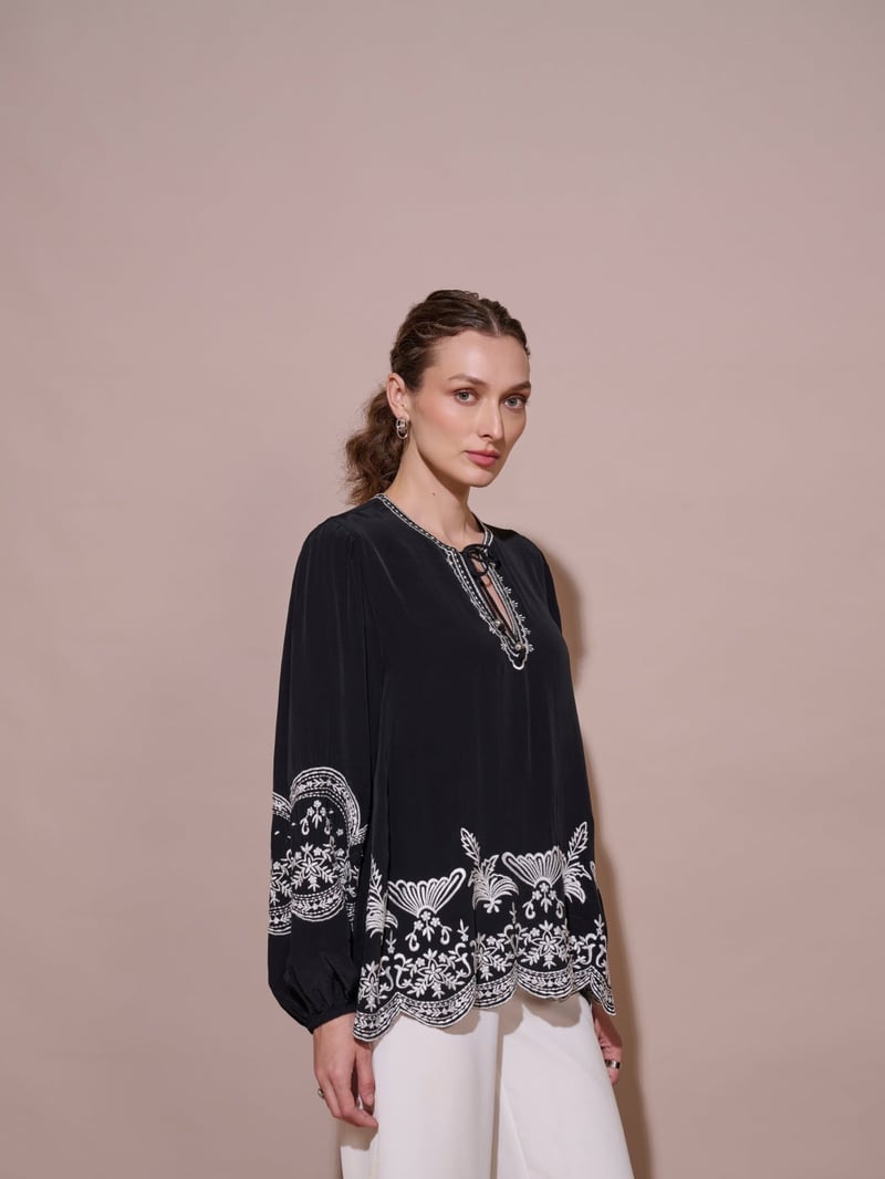 Black Embroidered Tie-Up Neck Flowy Top