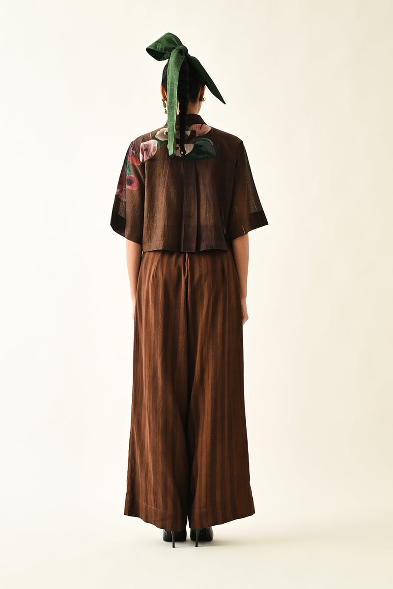Brown Wide-Leg Pleated Abstract Print Trousers