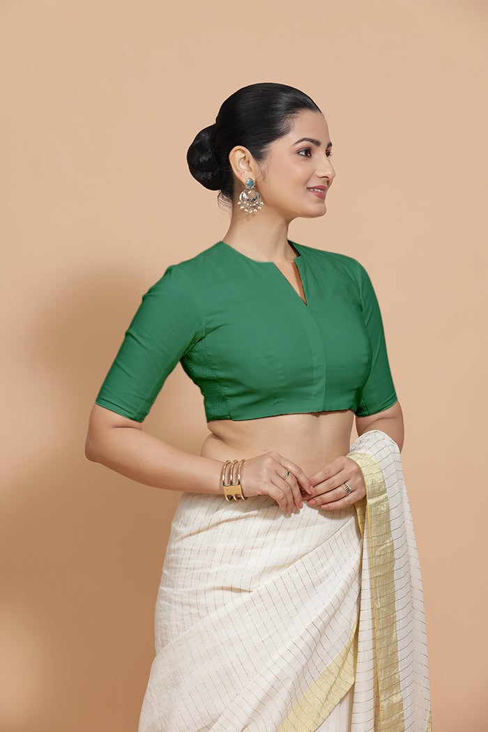 Castleton Green Cotton Saree Blouse with Elbow Sleeves
