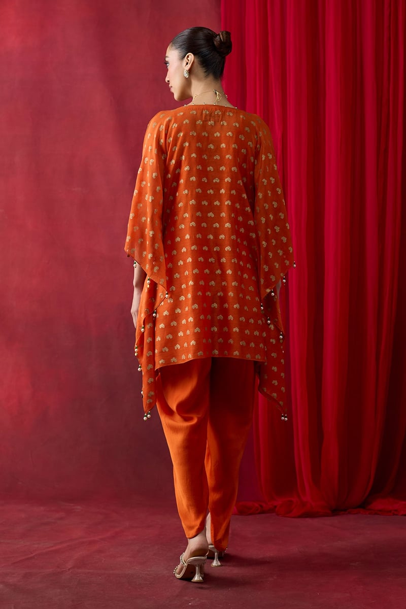Orange Block Print Kaftan Top and Cowl Pants Co-ord Set