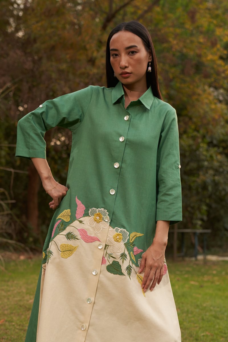 Green Two-Tone Midi Shirt Dress with Applique Detail
