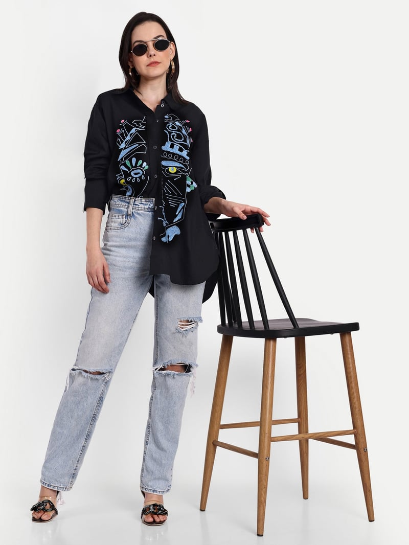 Black Oversized Embroidered Button-Down Shirt — Brand New Brand