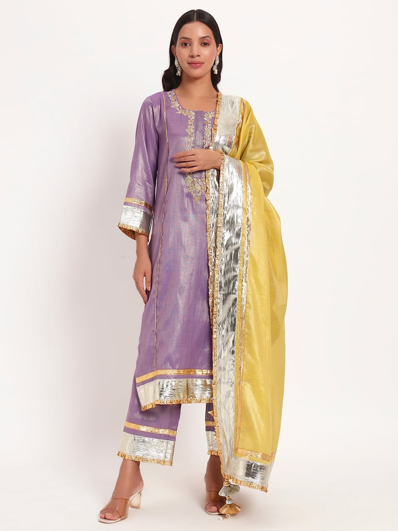 Lavender Cotton Tissue Straight Kurta Set with Gotta Work
