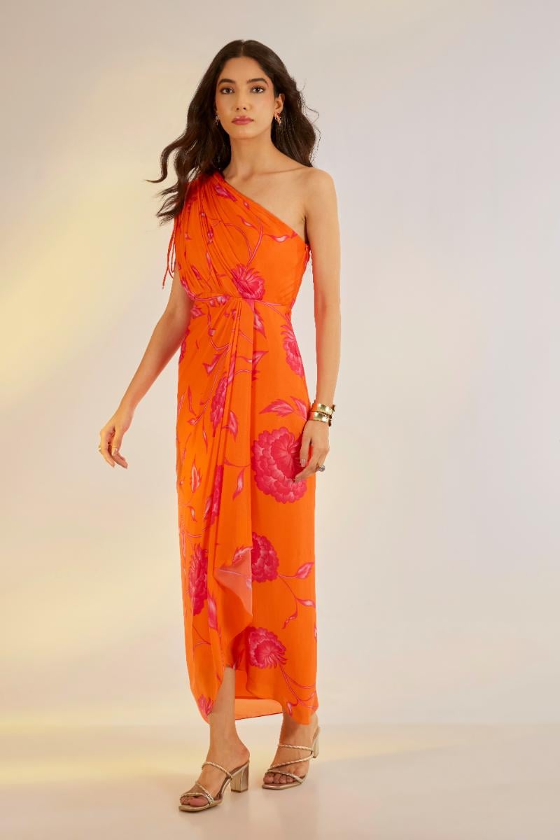 Orange One-Shoulder Printed Satin Georgette Maxi Dress