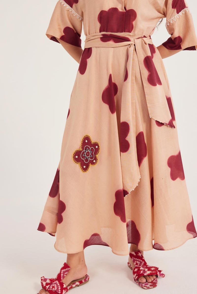 Beige Printed Chanderi Maxi Dress with Tie Belt
