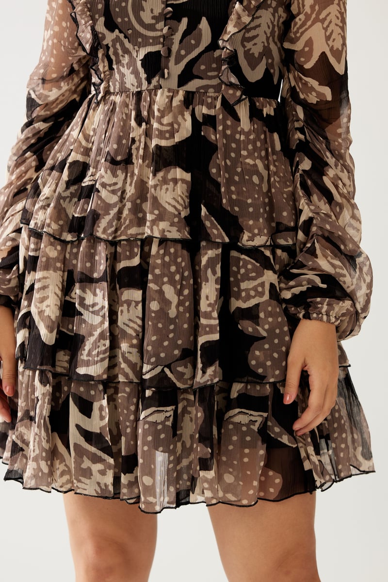 Dark Brown And Cream Floral Short Dress