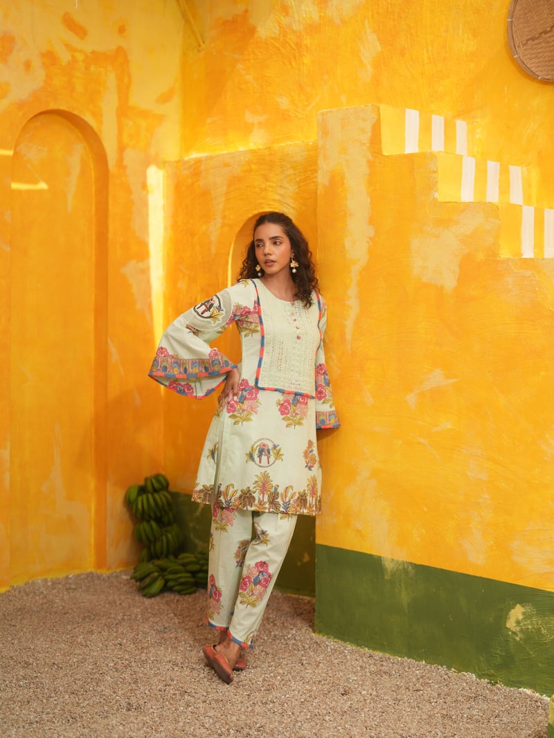 Cool Mint Printed Cotton Kurta Set with Bell Sleeves
