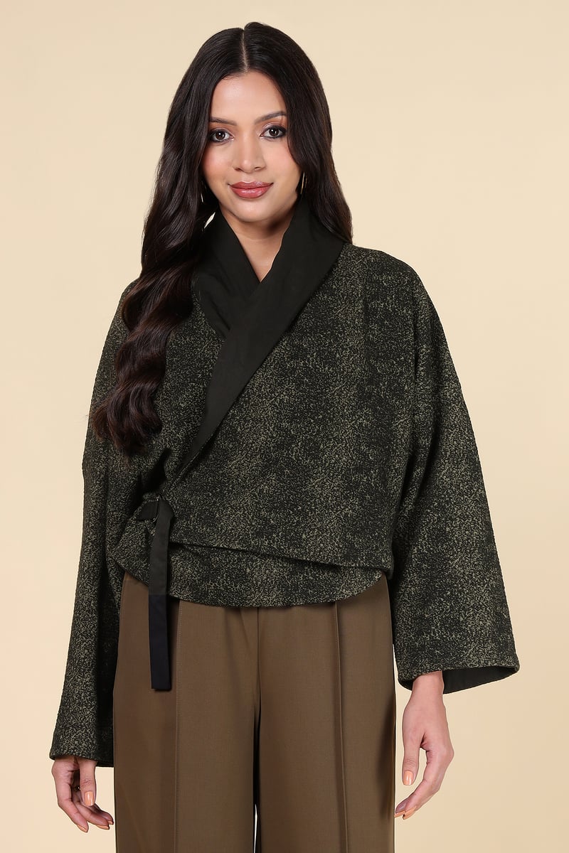 Black/Khakhi Cropped Wrap Jacket with Tie Belt