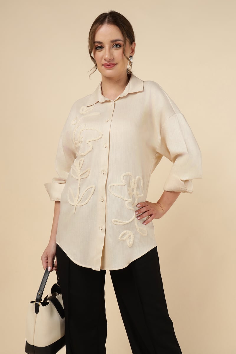 Natural Ivory Tonal Embroidered Button-Down Shirt