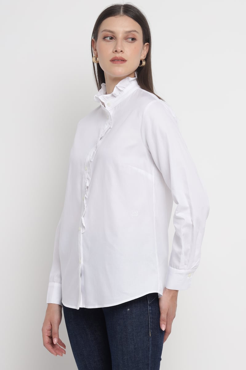 White Ruffle-Placket Cotton Shirt