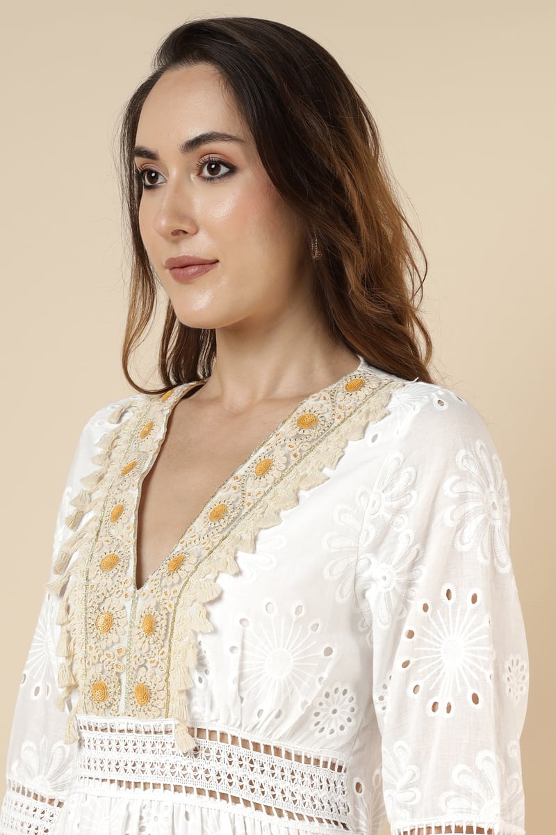 Ekru Tiered Cutwork Maxi Dress with Embellished V-Neck