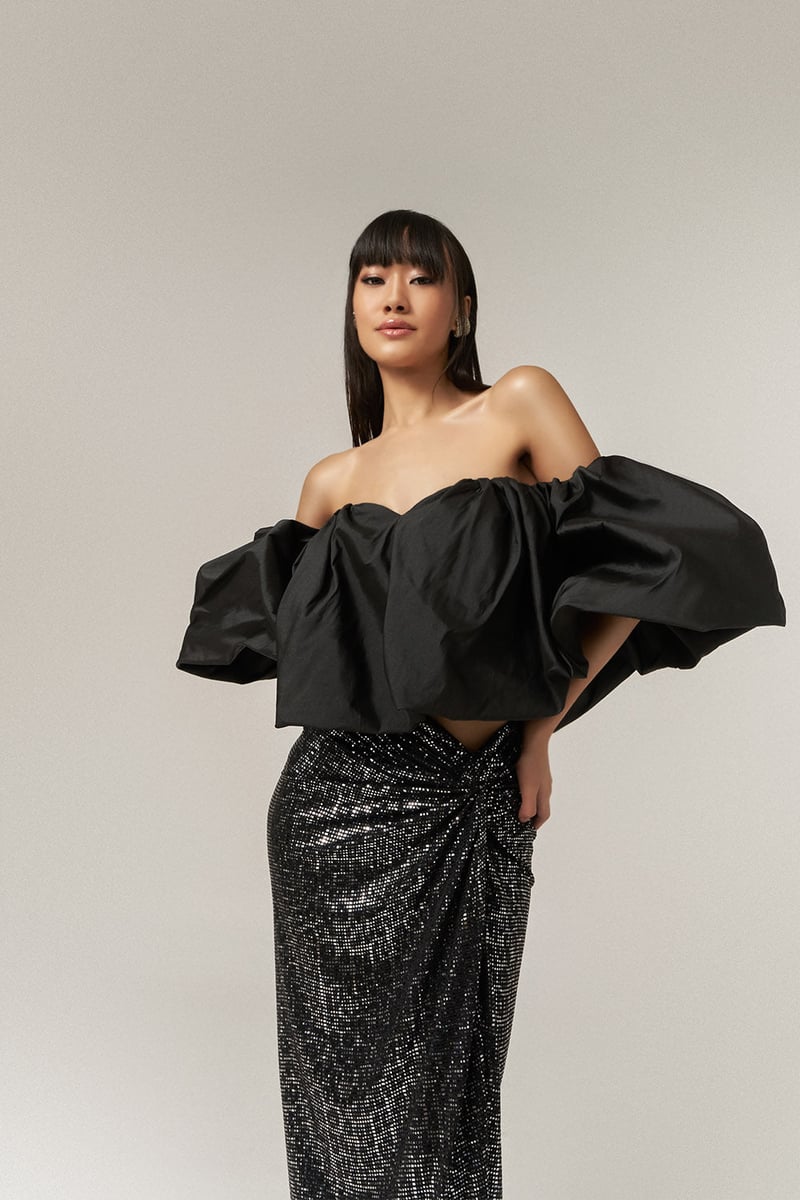 Off-Shoulder Balloon Top and Sequin Maxi Skirt Co-ord Set