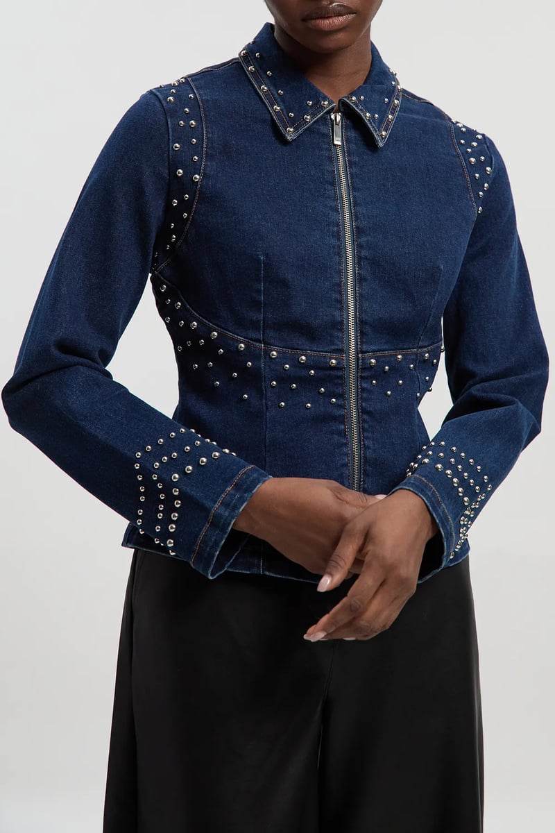 Dark Blue Studded Zip-Front Denim-Look Jacket