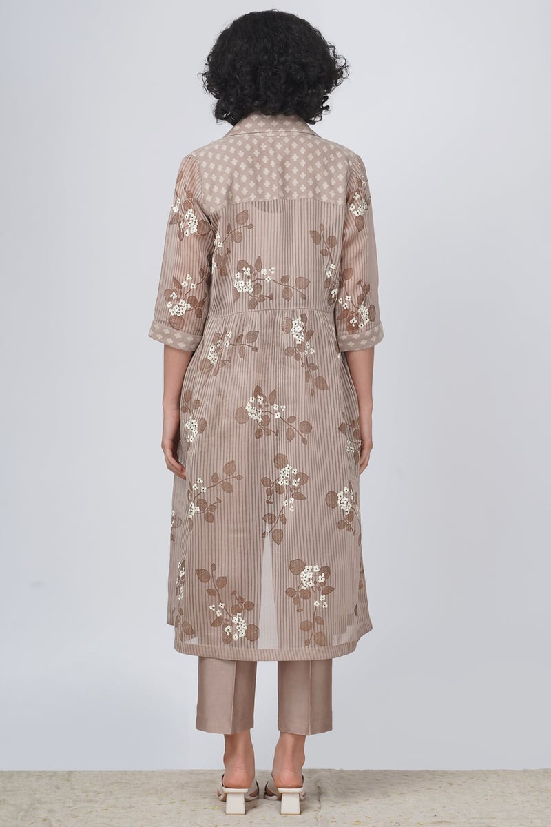 Beige Printed Longline Jacket and Straight Pants Co-ord Set