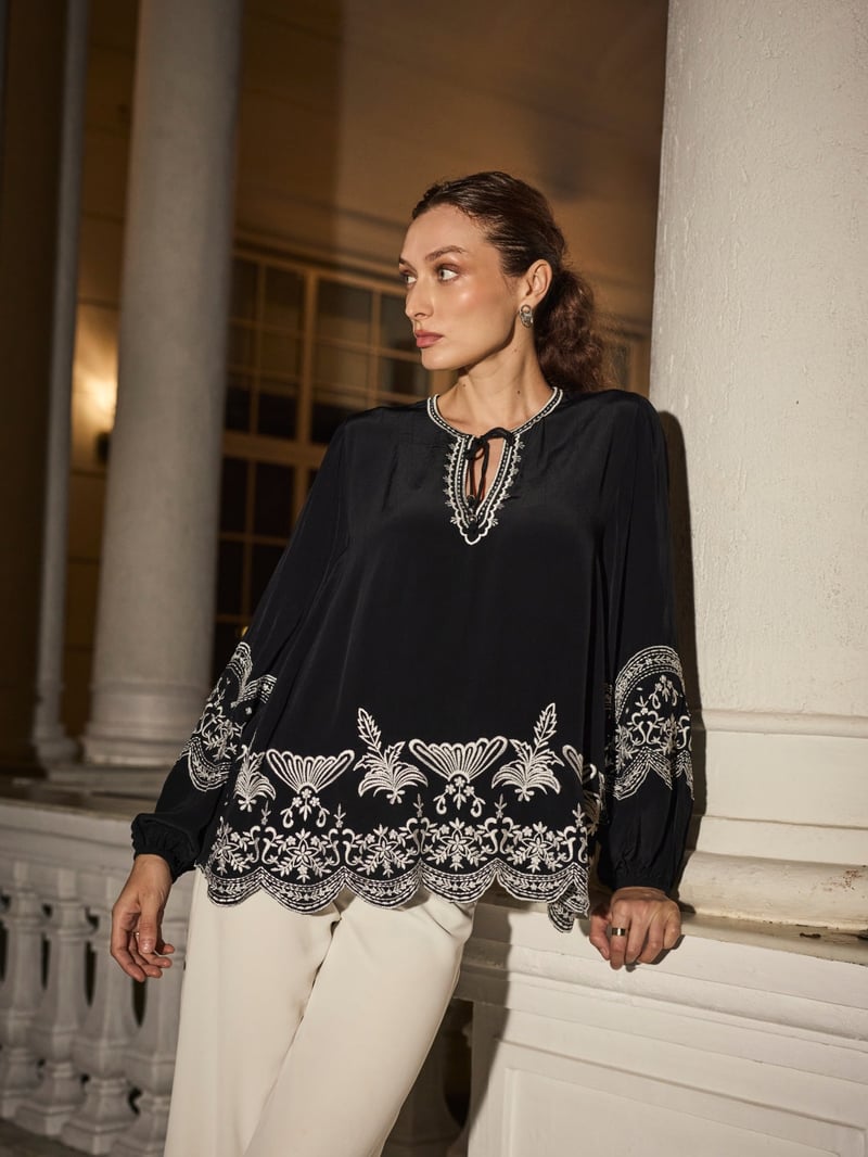 Black Embroidered Tie-Up Neck Flowy Top