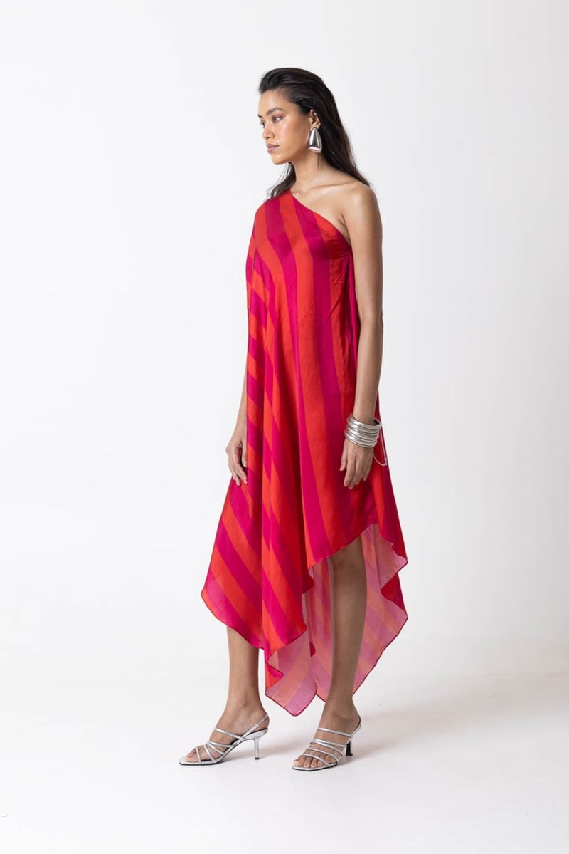 Orange/Pink One-Shoulder Asymmetrical Midi Dress