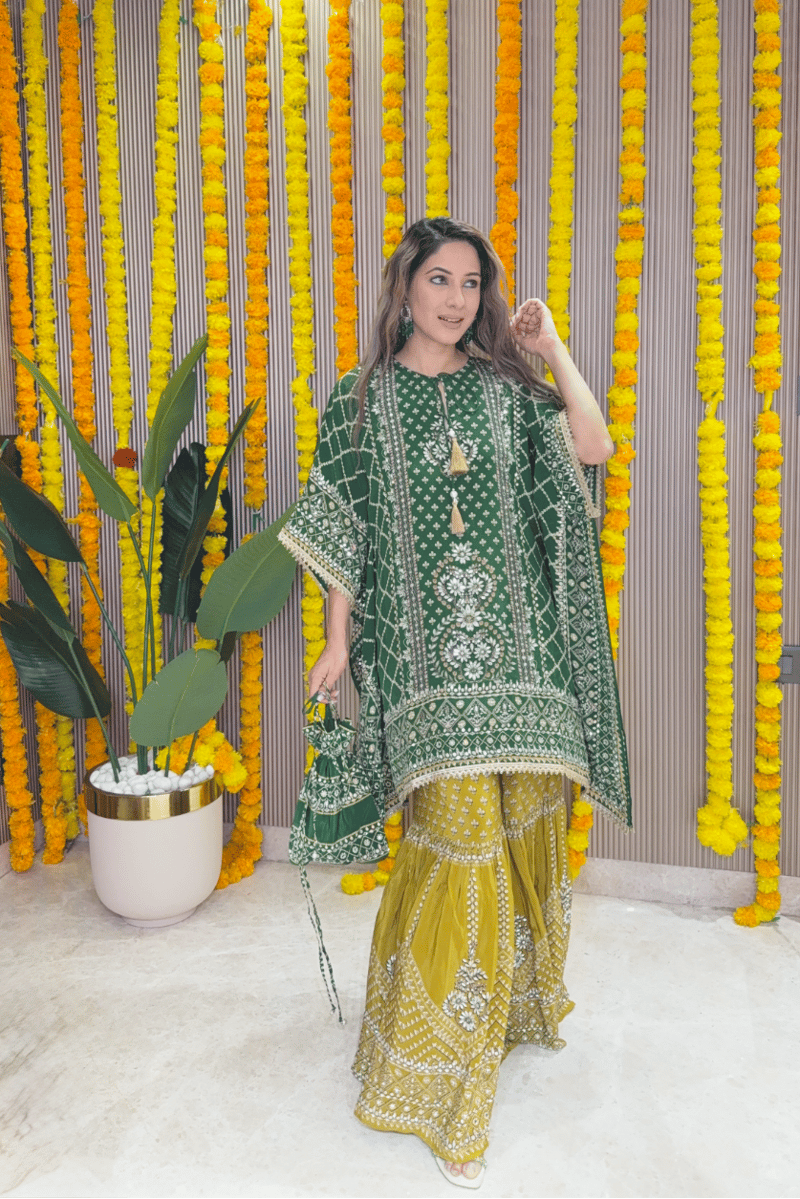 Green Kaftan and Mustard Gharara Co-ord Set