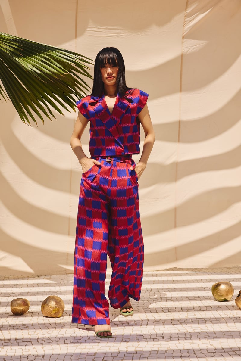 Multicolor Checked Vest and Wide-Leg Pants Co-ord Set