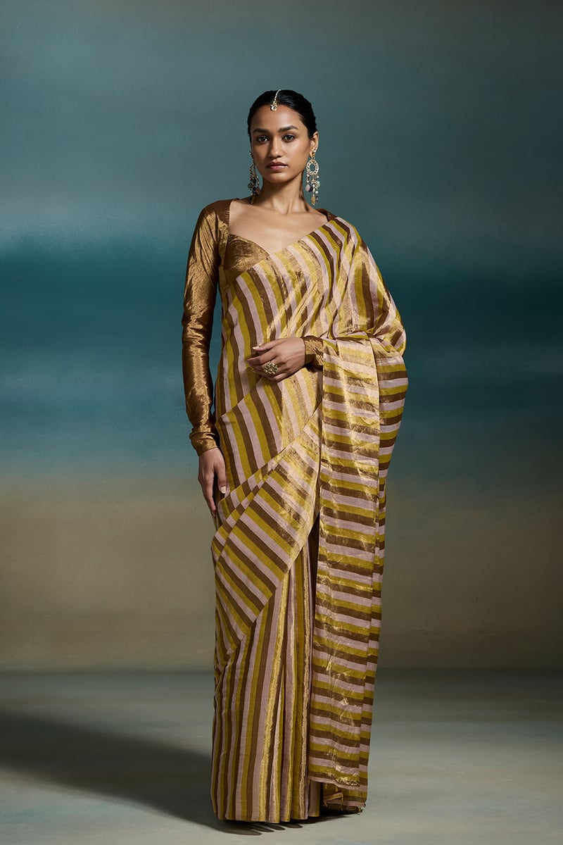 Metallic Peach-Gold Tissue Striped Saree