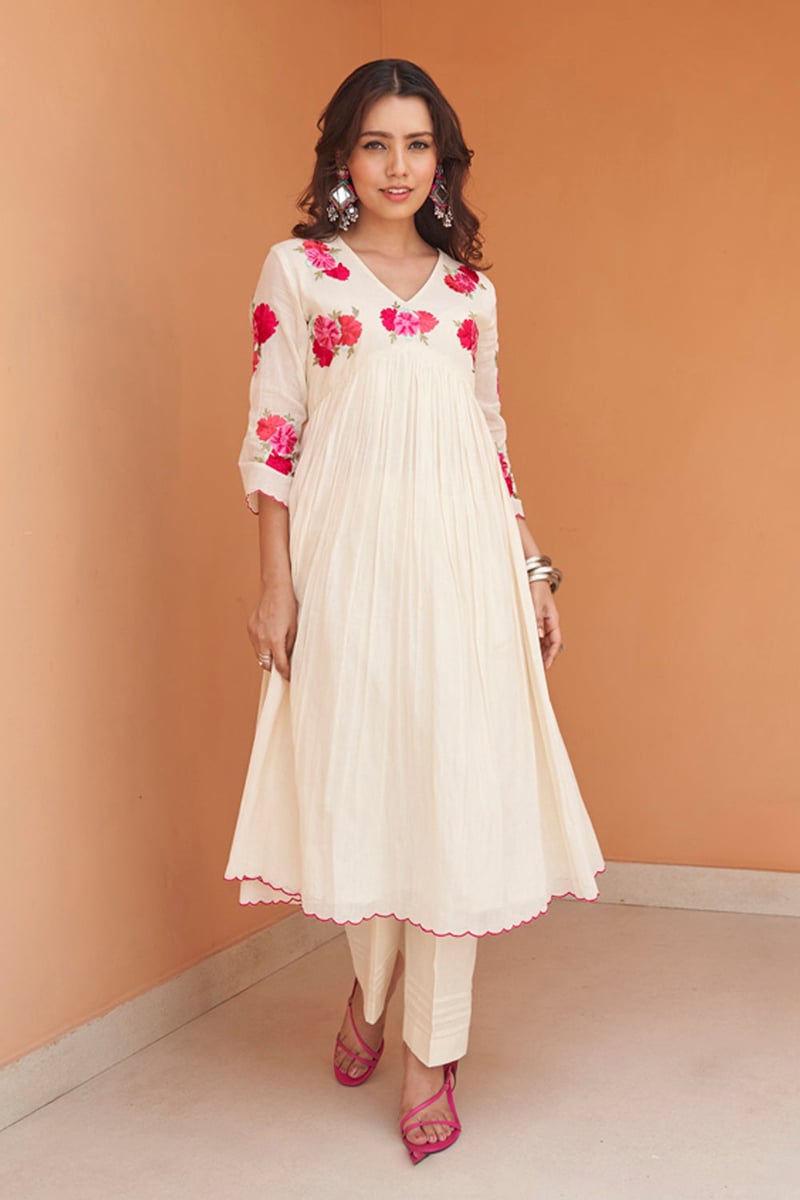 Cream Mul Mul Embroidered Flared Kurta Set with Dupatta