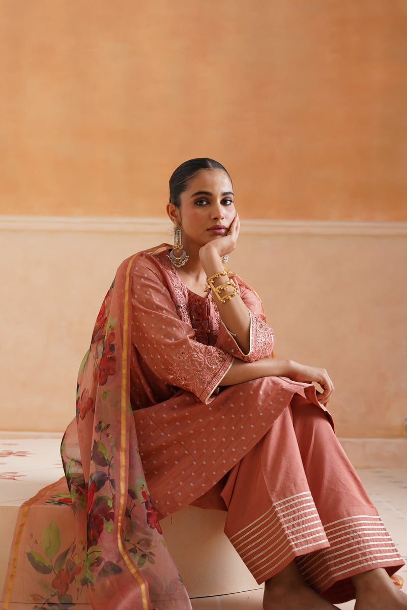 Peach Blush Embroidered Chanderi Kurta Set with Dupatta