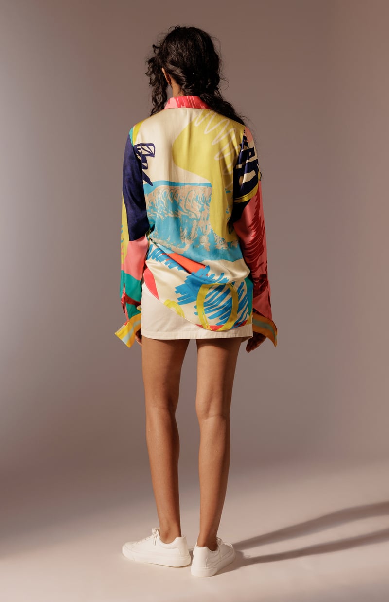 Multicolour Abstract Printed Satin Shirt with Embroidery