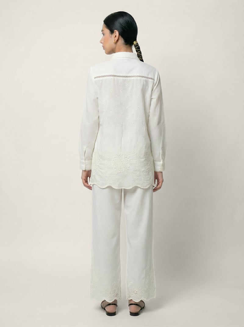 White Schiffli Shirt and Wide-Leg Pants Co-ord Set