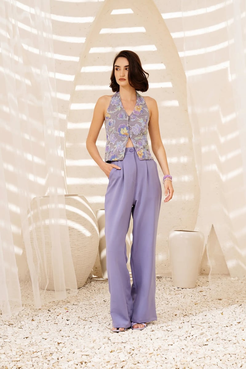 Periwinkle Halter Embroidered & Beaded Net Waistcoat