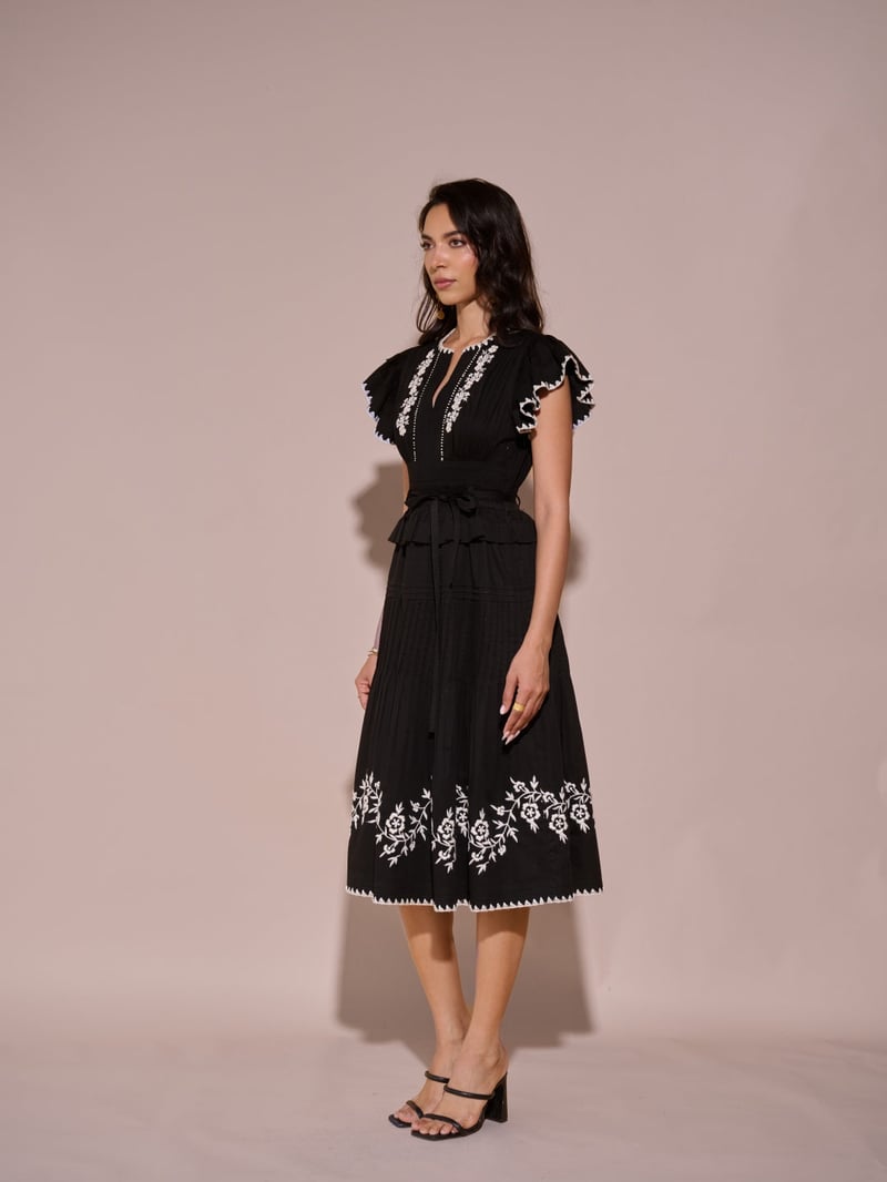 Black Embroidered Fit and Flare Midi Dress