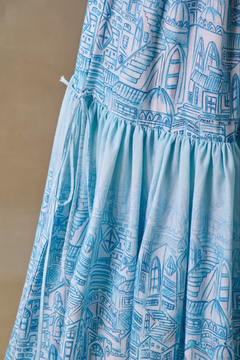 Blue Landscape Printed Tiered Midi Skirt with Side Ties