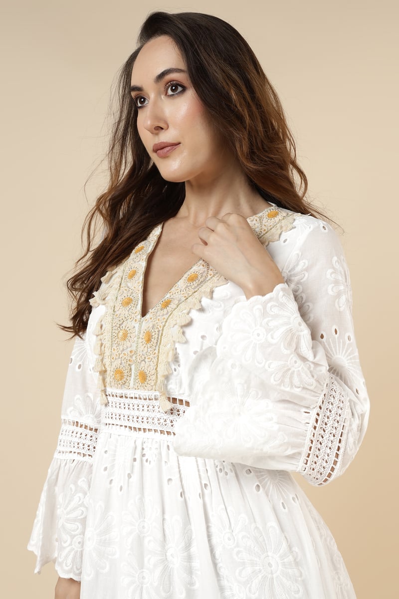 Ekru Tiered Cutwork Maxi Dress with Embellished V-Neck