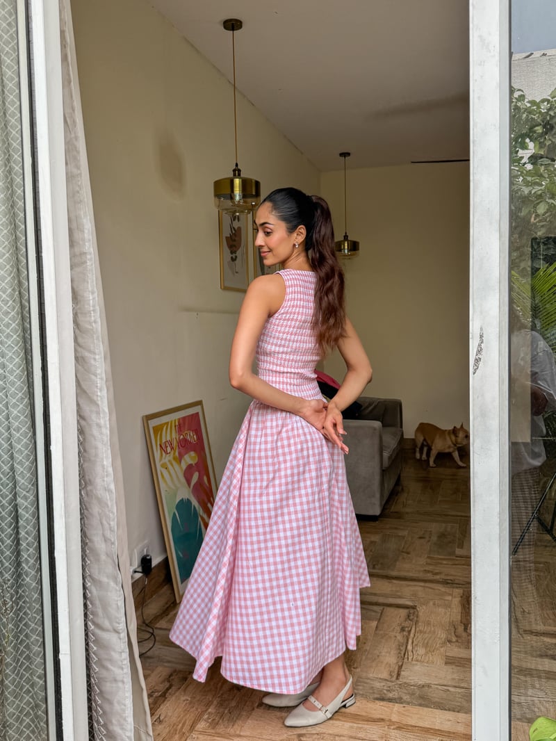 Pink Gingham Smocked Bodice Fit and Flare Maxi Dress