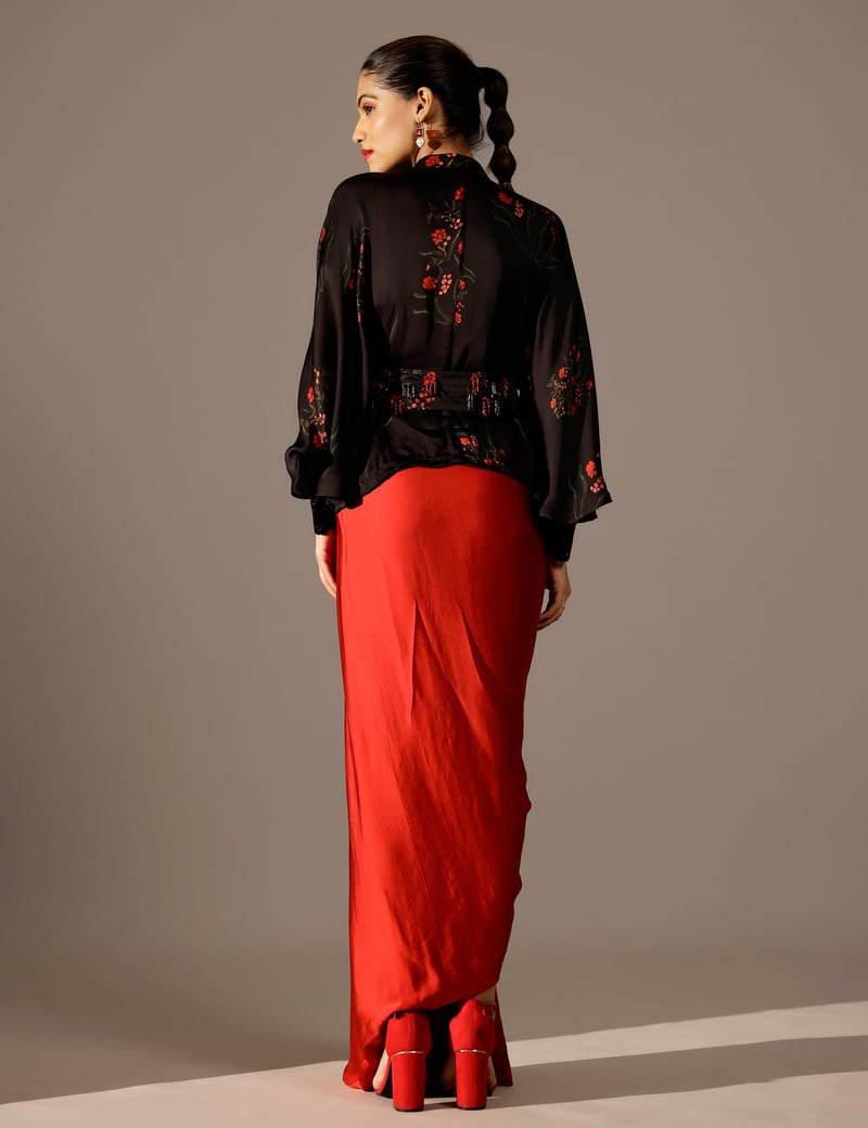 Maroon Black Draped Maxi Gown Set with Kimono and Belt